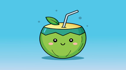 Cute kawaii coconut drink with umbrella and straw