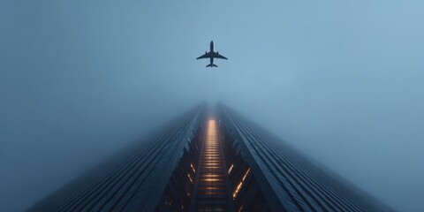 Airplane soaring above skyscraper in foggy skyline
