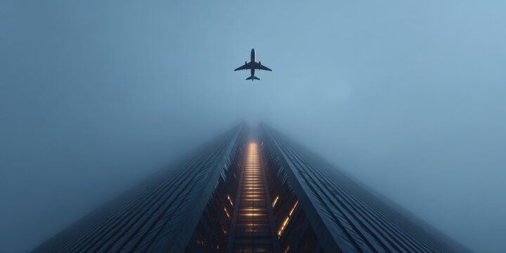 Airplane soaring above skyscraper in foggy skyline