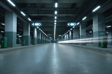 Fototapeta premium Empty underground parking garage with motion blur light trail