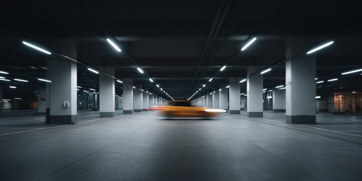 Blurred yellow car speeding in empty underground parking garage - Powered by Adobe
