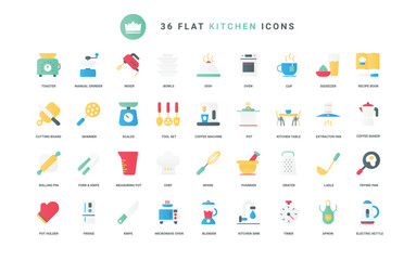 Restaurant or home tools and household electric machines symbols, chefs recipe book, utensils for cooking food. Kitchen equipment and furniture trendy flat icons set vector illustration