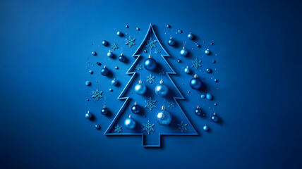 A christmas tree outline surrounded by ornaments and snowflakes on a blue monochromatic background