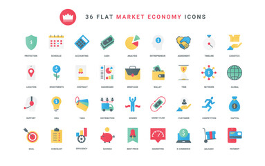 Electronic wallet, piggy bank and currency flow, handshake and payment, shopping delivery protection in mobile app. Economy, finance and money trendy flat icons set vector illustration