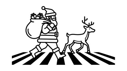 Santa Claus Crossing Pedestrian Road with Reindeer – Black Monochrome Vector