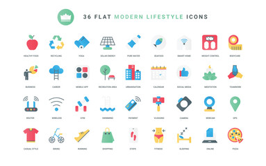 Symbols of youth and social media, sports and fitness, smart mobile apps control weight and sleep, food for body health. Modern healthy lifestyle trendy flat icons set vector illustration