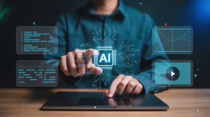 Professional interacting with a virtual ai chip and digital data interfaces, symbolizing artificial intelligence and future technology