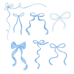 Watercolor set of  blue bow, ribbon silk, illustration for design.