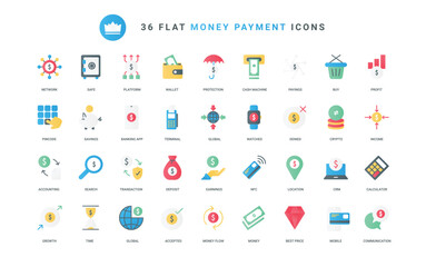 Virtual wallet and banking mobile app, piggy bank and protection for transfers and earnings. Digital payment, money payment and transaction trendy flat icons set vector illustration
