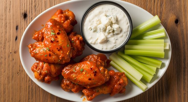 Enjoy delicious buffalo wings with creamy blue cheese dip and fresh celery sticks, a perfect appetizer for game day or a casual get together