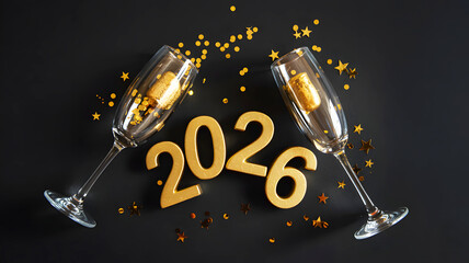 Champagne glasses with gold confetti and the year two thousand twenty six on a black background