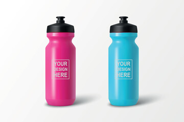 Vector 3d Realistic Sports Water Bottle Set, Isolated. Blank Plastic Cycling Water Bottle with Black Cap. Water Bottle Template. Vector Sport Bottle for Fitness, Gym, Branding, Packaging Design
