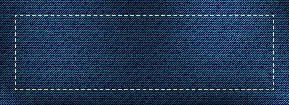 Dark blue denim fabric texture background, framed by rectangular dashed stitching border for banners or labels