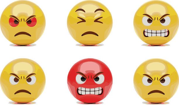 Set of Angry and Furious Emoji Faces Vector Illustration, Stress, Rage, and Negative Emotion Icons.