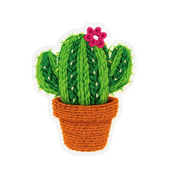 Handmade Knitted Cactus Sticker with Pink Flower, Green Yarn Needlework Craft
