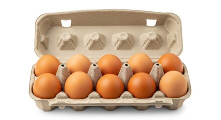 Cardboard carton holding ten brown eggs isolated on white background isolated on transparent background