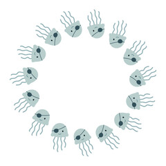 Simple Frame with jellyfish pirate pattern forming playful sea circle, cute jellyfish wearing eyepatch repeating in symmetry, Simple Frame perfect for ocean kids decor and marine themes.