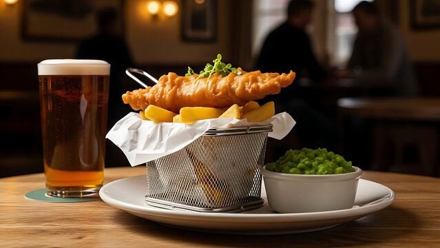 A classic pub meal featuring fish and chips, served with beer. - Powered by Adobe