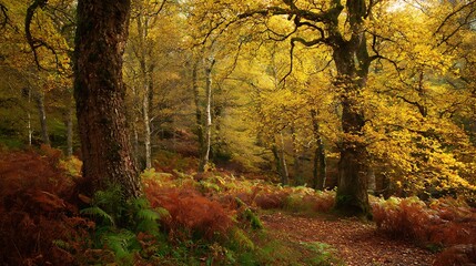 Fototapeta premium Autumn woodland golden yellow rustic red and burnt sienna tones