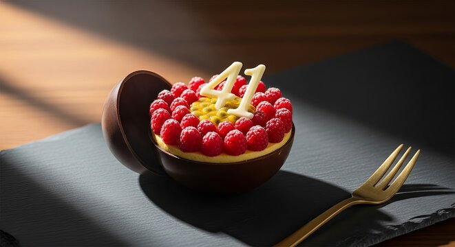 Elegant chocolate dessert with raspberries and 41 for a special celebration - Powered by Adobe