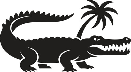 Crocodile or Alligator and Palm Tree Silhouette Vector Graphic Drawing for Tropical Island Vacation Adventure Travel Exotic Wildlife Animal Mascot Logo Design Black and White