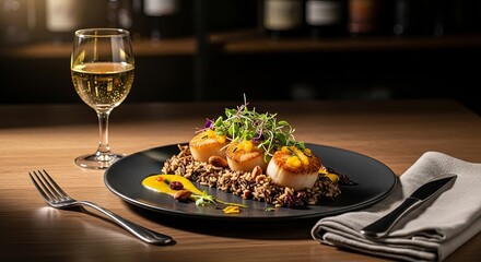Gourmet seared scallops with grains and white wine in a fine dining restaurant