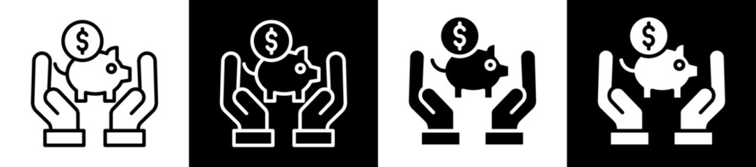 Money Saving Icon Set In Black And White Filled Style Collection  