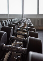 row of dumbbells in  an athletic gym