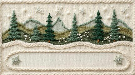 Intricate 3D Knitted Christmas Card with Wool Embroidery, Snowy Mountains, Pine Trees, and Star Stitching