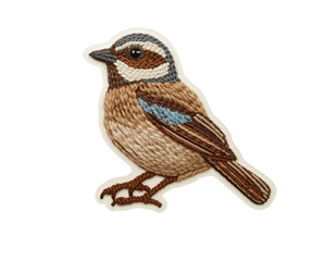 3D Knitted Bird Sticker PNG – Layered Wool Embroidery, Brown & Blue, Perched Feather Detail, Transparent Background
