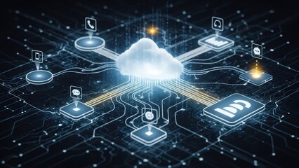 Cloud storage and data transfer concept with circuit board elements and glowing connections. Distributed computing and modern networking technology.
