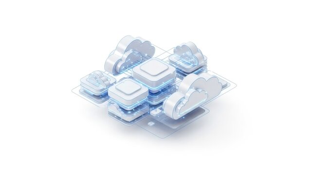 Digital cloud computing network with interconnected server blocks and data transfer. Technology for global storage, processing, and big data management.