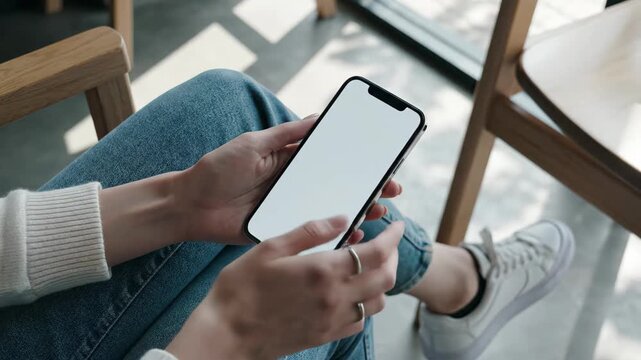 Relaxed woman scrolling blank phone screen, perfect for app promotion in lifestyle video