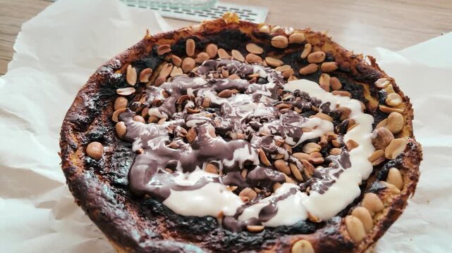 Making homemade chocolate cake. Cottage cheese pie with chocolate. Homemade cake. Glaze on pastries. Pastry Chef making fresh delicious chocolate cakes.