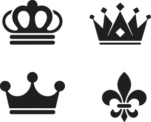 Set of Four Royal Crown and Fleur de Lis Silhouettes Vector Collection, Symbolizing Royalty, Nobility, Kingdom, Monarchy, Luxury, and Elegant Medieval Design Elements.