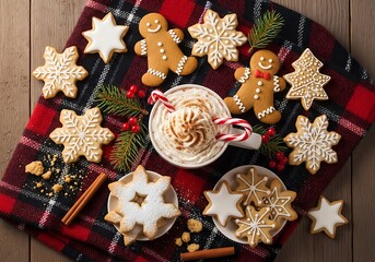 Festive christmas cookies and hot chocolate on plaid blanket