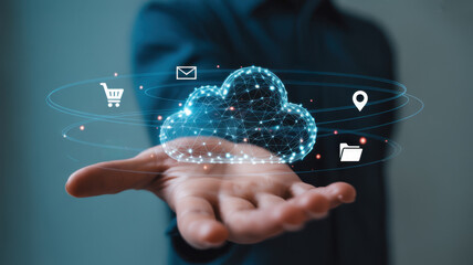 Hand holding a glowing cloud computing symbol surrounded by digital icons, illustrating global network and future technology