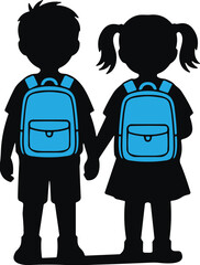 Boy and Girl Student Silhouettes Vector Illustration Holding Hands, Wearing Backpacks with Blue Accent Color, Representing Back to School, Friendship, and Education.