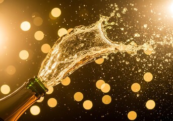 Champagne explosion celebration with golden bokeh lights for new year s eve
