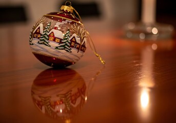 Christmas ornament with winter scene on shiny table with candlelight reflection