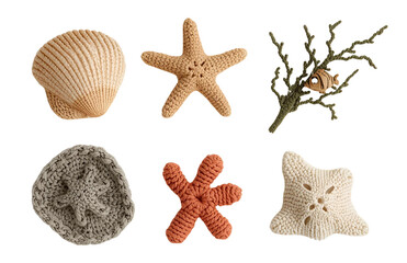 Realistic Knitted Marine Elements Set – Seashell, Starfish, Fish, Coral, Seaweed & Sand Dollar on White Background