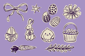 Hand drawn Easter set with eggs, bunny, chick, carrot, basket, flower, and decorative spring elements. Cute doodle vector illustration.