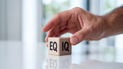 Hand touching a wooden cube marked eq and iq, symbolizing the balance between emotional and general intelligence