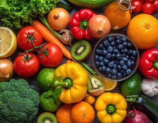 Vibrant Assortment of Fresh Vegetables and Fruits Still Life Overhead View with Tomatoes, Peppers, Kiwis, Lemons, Broccoli and Blueberries in Dark Background
