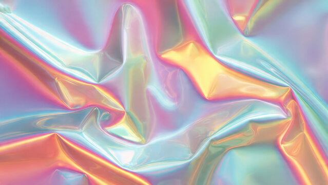 Abstract background featuring crumpled, iridescent fabric with a shiny, holographic surface reflecting a spectrum of pastel and vibrant colors. - Powered by Adobe