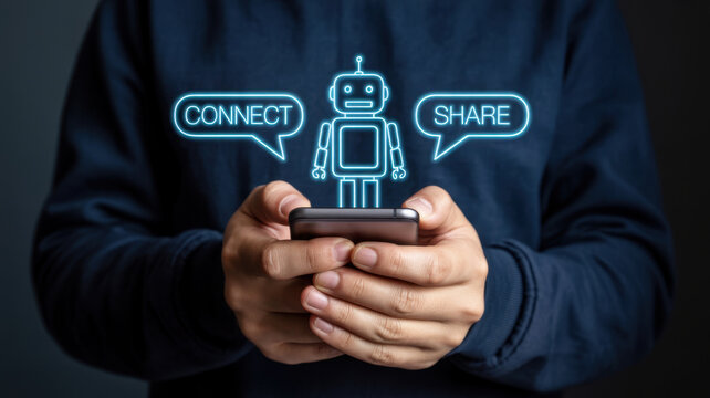 Person holds a smartphone displaying a glowing ai chatbot icon with connect and share text, symbolizing digital networking - Powered by Adobe