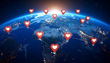 Map pin icons forming a heart shape over a global background