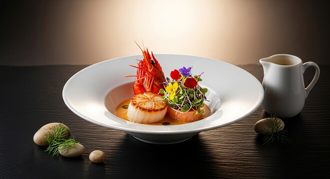 Delicious panseared scallops and langoustine with salad in a white bowl
