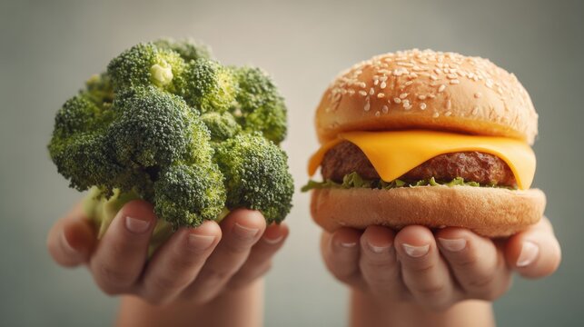 Hands display a vibrant piece of broccoli alongside a cheeseburger, illustrating a choice between healthy and indulgent eating options in a neutral setting.