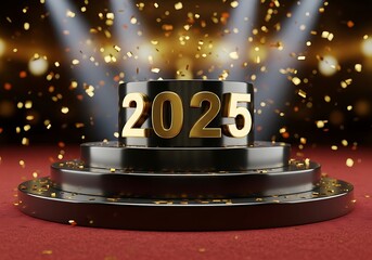 Golden 2025 new year celebration on stage with confetti and spotlights